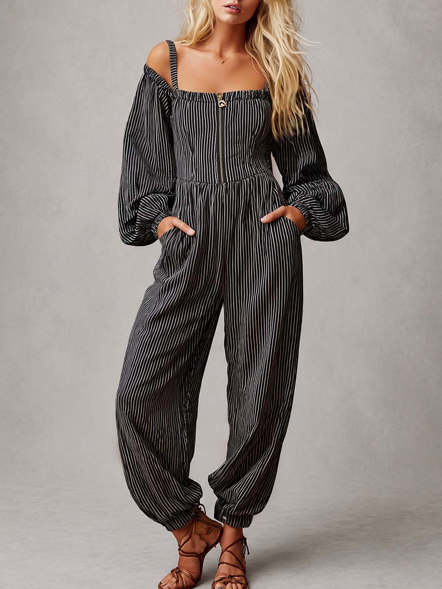 Retro Striped Off-Shoulder Zip-Front Balloon-Leg Jumpsuit