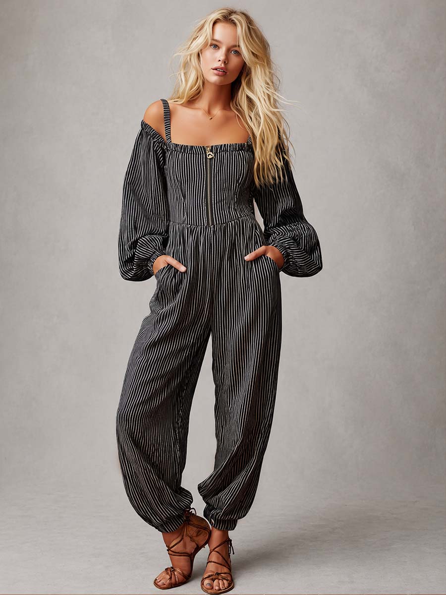 Retro Striped Off-Shoulder Zip-Front Balloon-Leg Jumpsuit