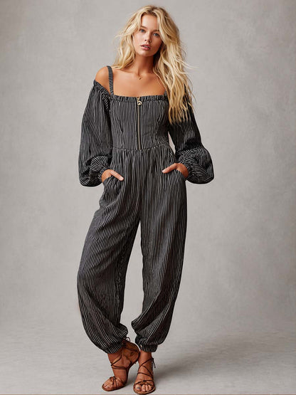 Retro Striped Off-Shoulder Zip-Front Balloon-Leg Jumpsuit
