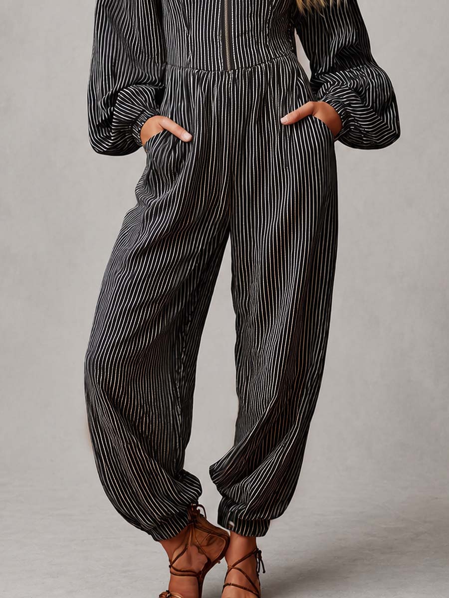 Retro Striped Off-Shoulder Zip-Front Balloon-Leg Jumpsuit