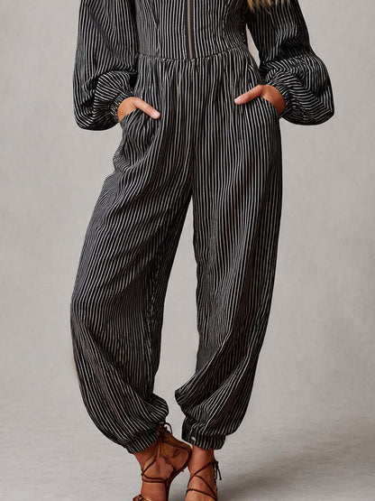 Retro Striped Off-Shoulder Zip-Front Balloon-Leg Jumpsuit