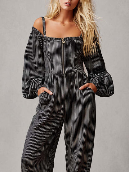 Retro Striped Off-Shoulder Zip-Front Balloon-Leg Jumpsuit