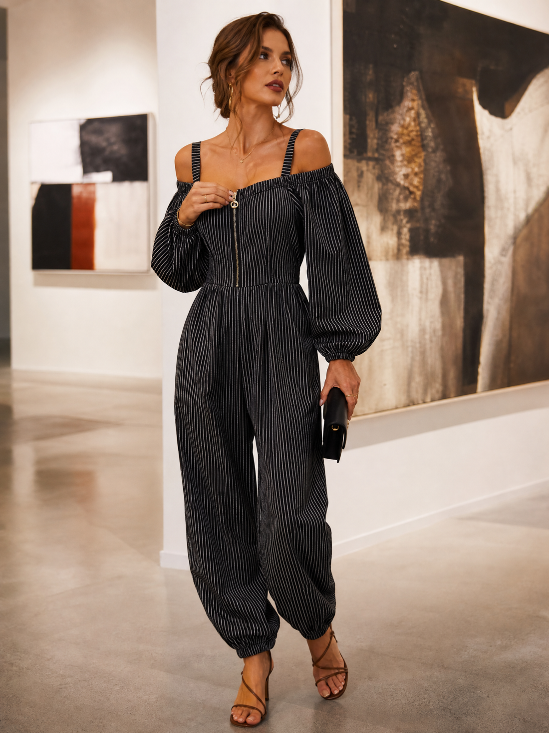 Retro Striped Off-Shoulder Zip-Front Balloon-Leg Jumpsuit