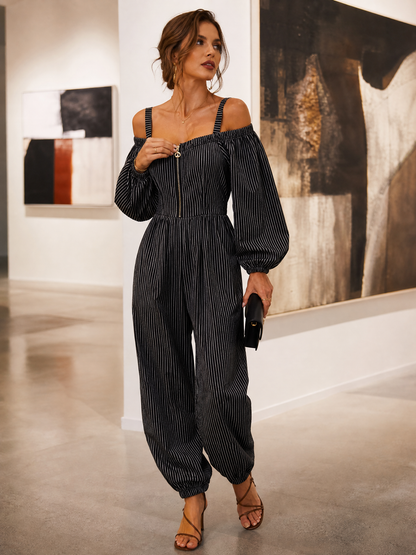 Retro Striped Off-Shoulder Zip-Front Balloon-Leg Jumpsuit