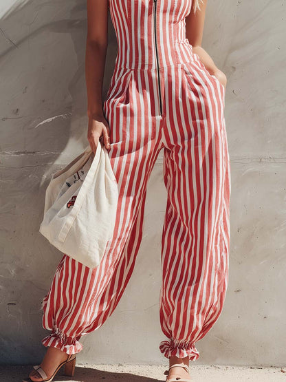 Retro Red Striped Ruffle Strap Zip-Front Wide-Leg Jumpsuit