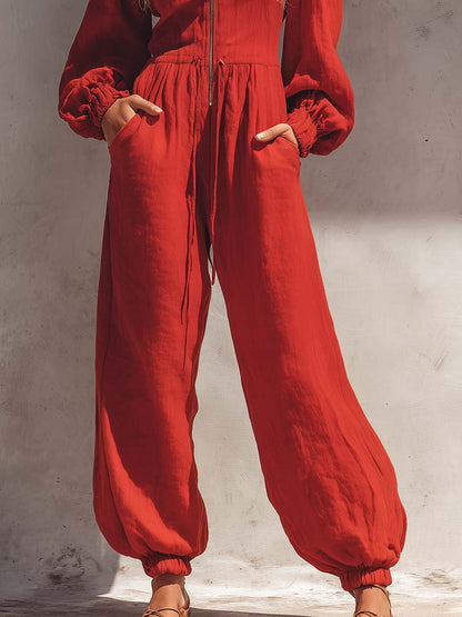 Retro Rust Cotton Linen Zip Front Boho Jumpsuit