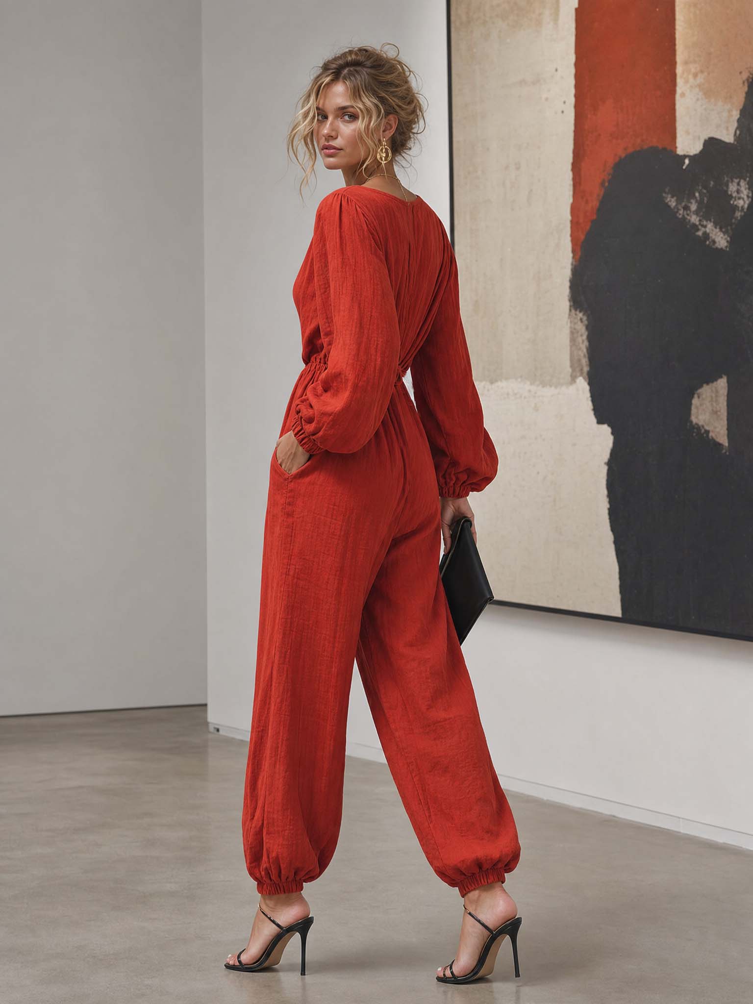 Retro Rust Cotton Linen Zip Front Boho Jumpsuit