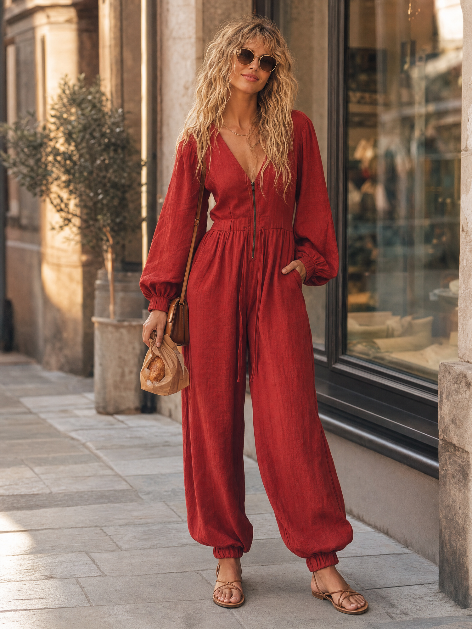 Retro Rust Cotton Linen Zip Front Boho Jumpsuit