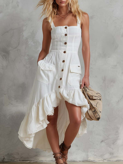 Vintage White Cotton-Linen Button Front High-Low Ruffle Maxi Dress