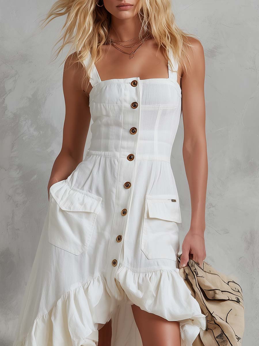 Vintage White Cotton-Linen Button Front High-Low Ruffle Maxi Dress