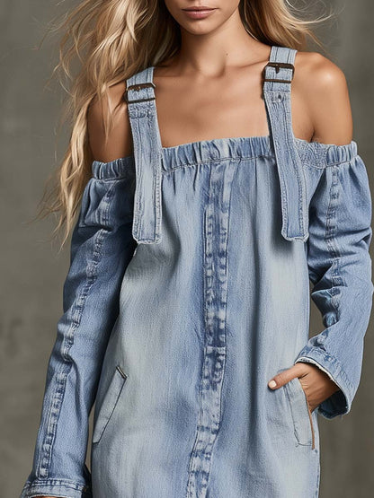 Off Shoulder Zip Front Denim Mini Dress