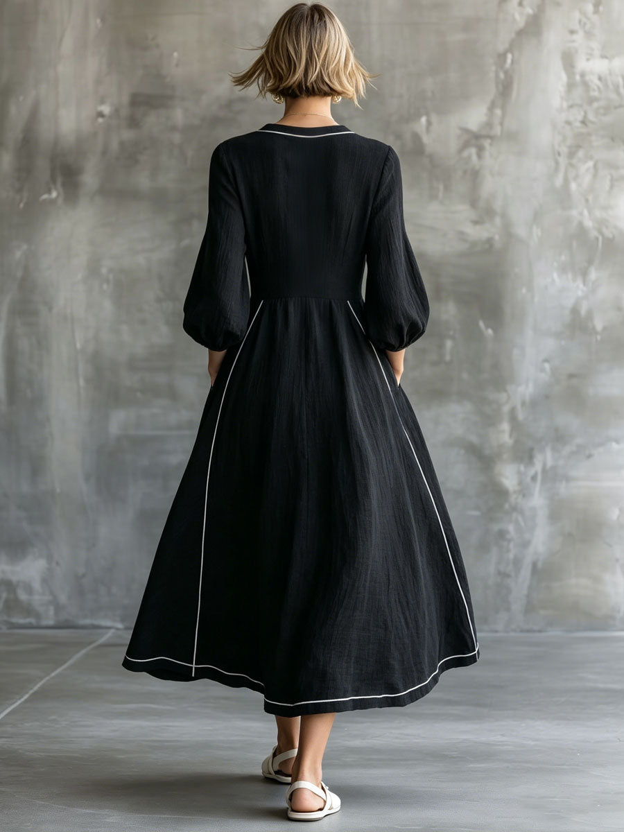 Vintage-style White-trimmed Black Cotton-linen Long-sleeved Midi Dress