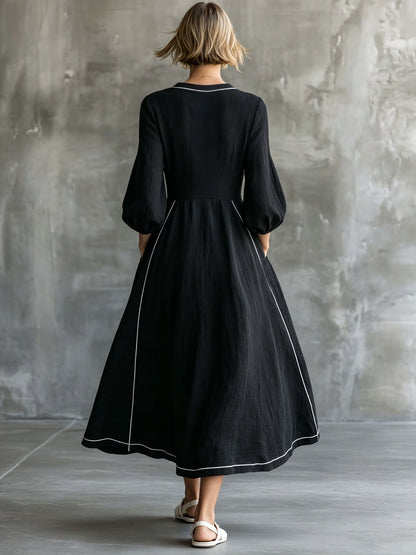 Vintage-style White-trimmed Black Cotton-linen Long-sleeved Midi Dress