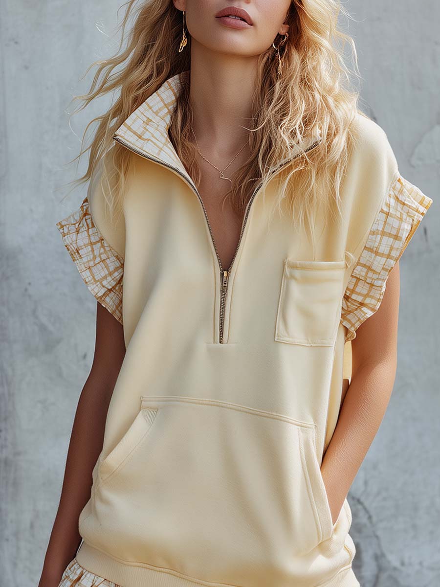 Plaid Patchwork Half-Zip Sleeveless Sweatshirt Mini Dress