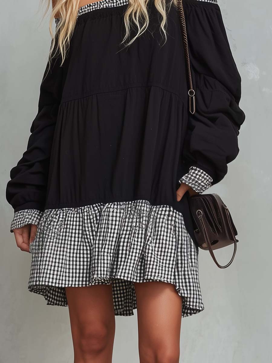 Gingham Trim Off Shoulder Tiered Babydoll Mini Dress