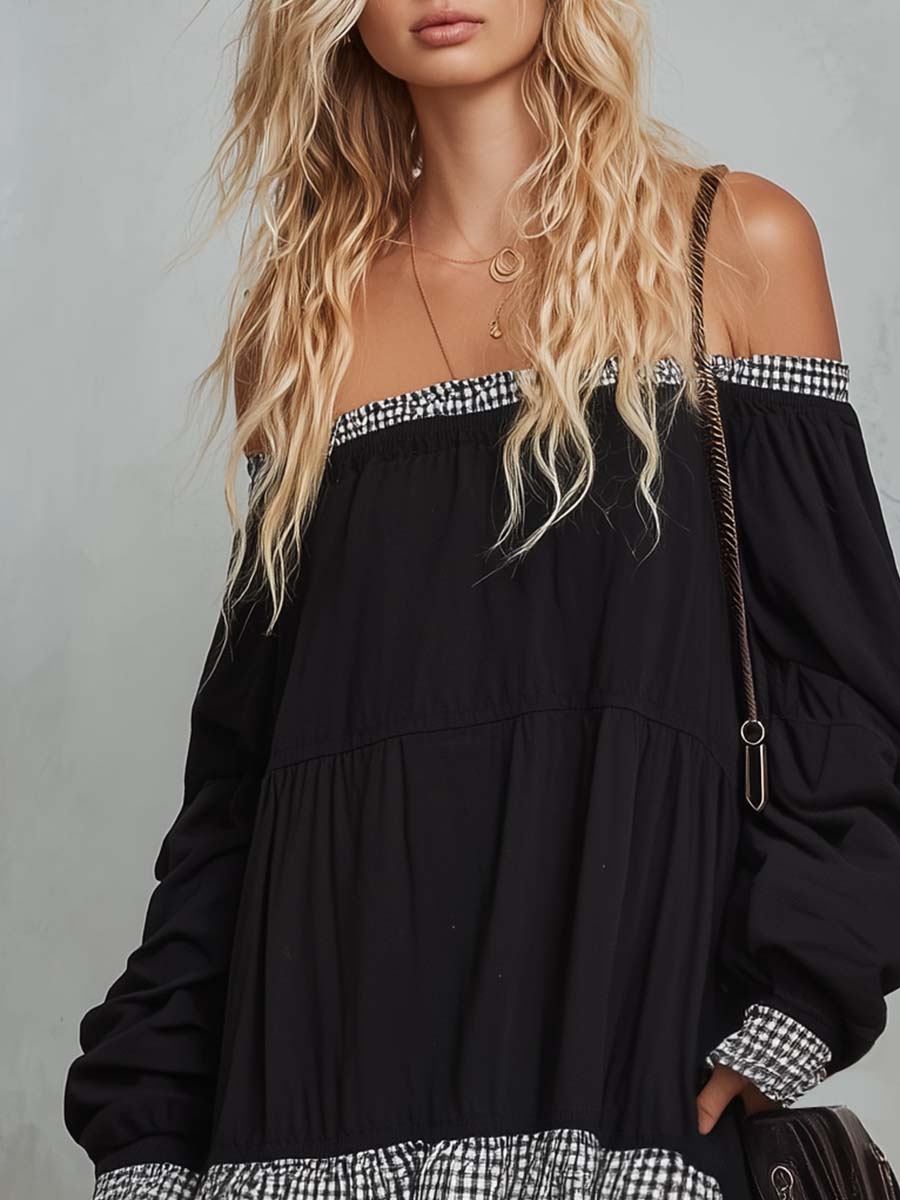 Gingham Trim Off Shoulder Tiered Babydoll Mini Dress
