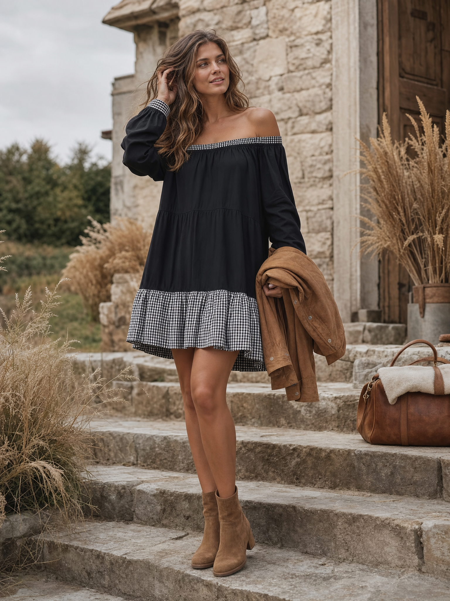 Gingham Trim Off Shoulder Tiered Babydoll Mini Dress