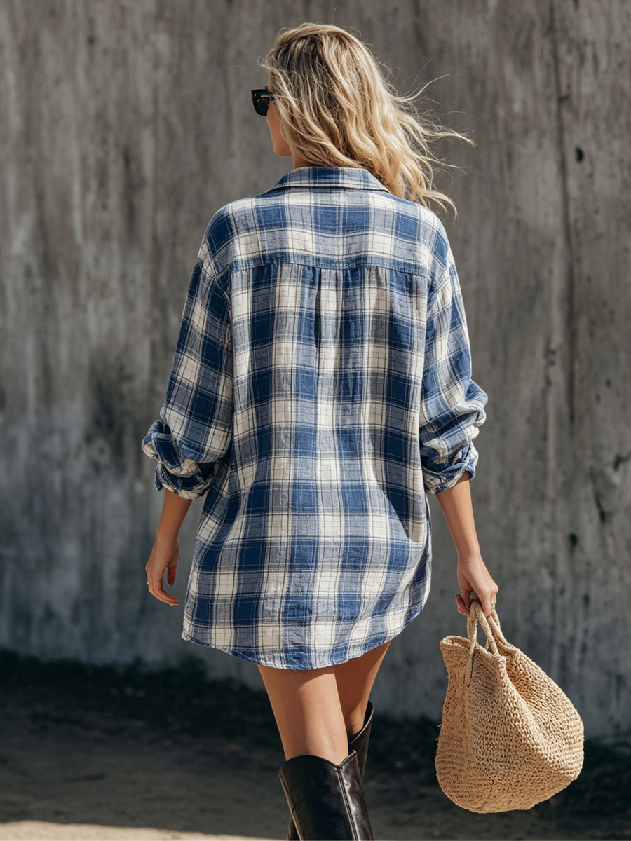 Casual Retro Blue Plaid Cotton Linen Long-sleeved Shirt Dress