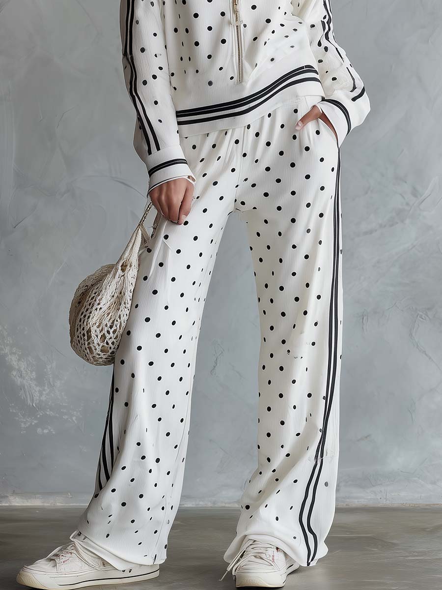 Sporty Retro Polka Dot Zip Hoodie Wide-Leg Pants Set