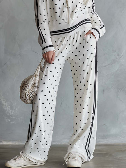Sporty Retro Polka Dot Zip Hoodie Wide-Leg Pants Set