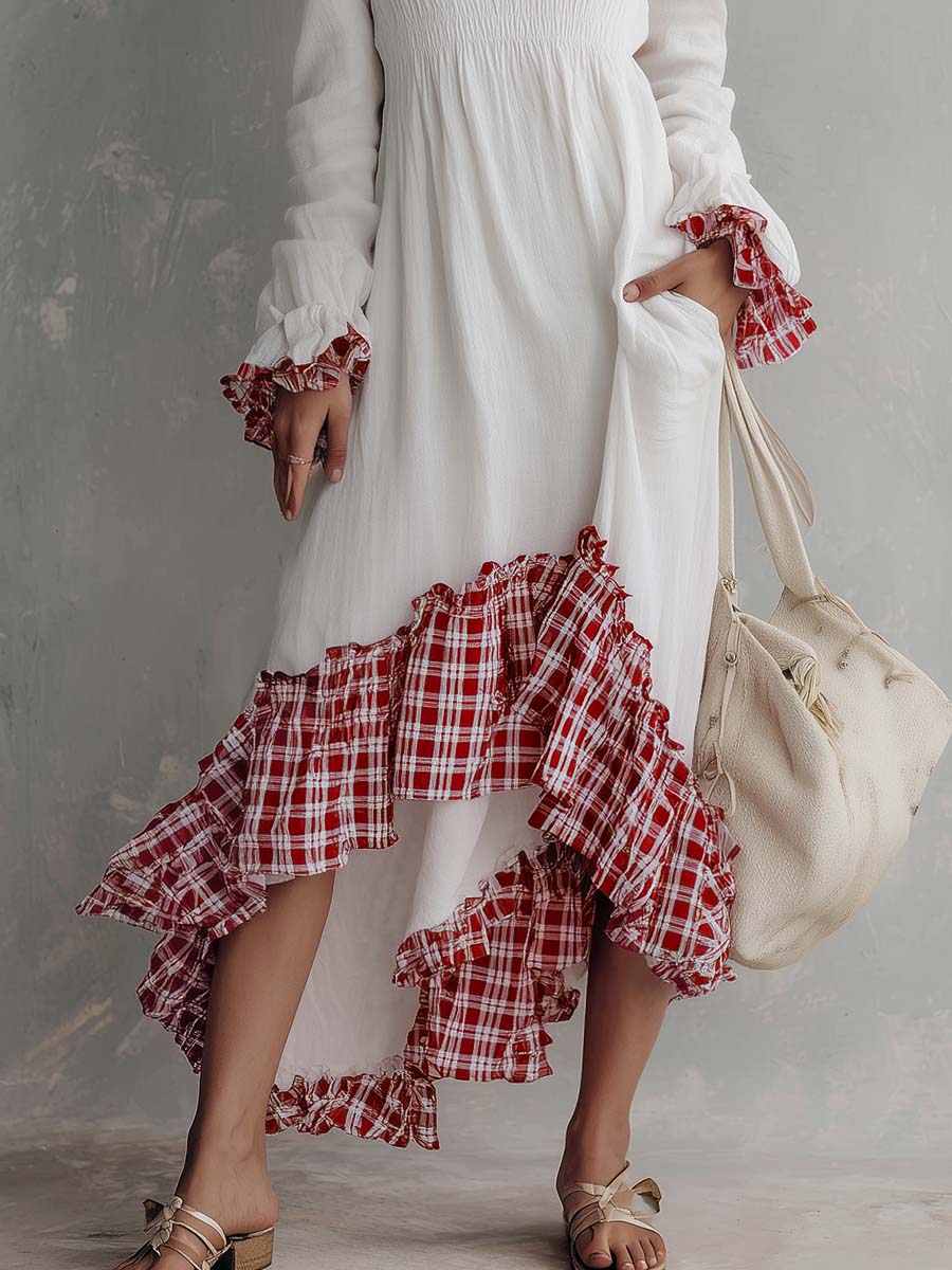 Boho Western Plaid Patchwork Cotton Linen Maxi Dress