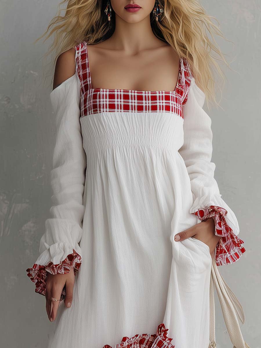 Boho Western Plaid Patchwork Cotton Linen Maxi Dress