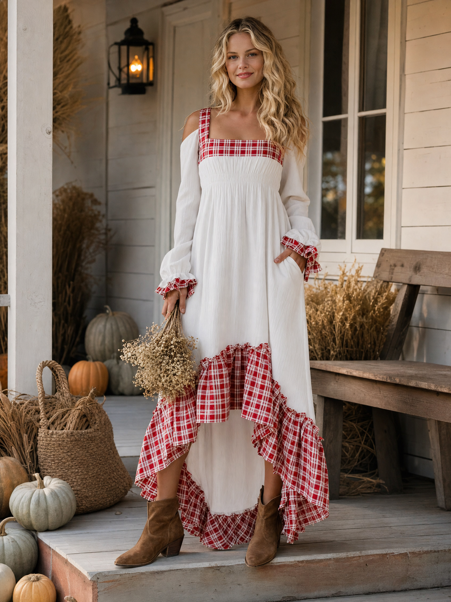 Boho Western Plaid Patchwork Cotton Linen Maxi Dress