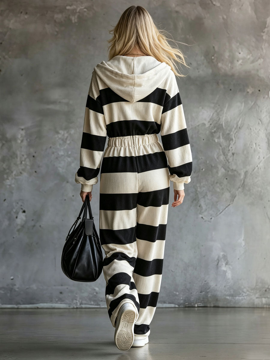 Casual Retro Black Striped Corduroy Long-sleeved Hooded Jumpsuit