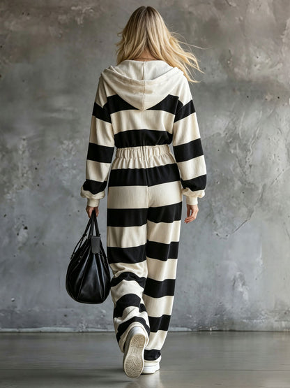 Casual Retro Black Striped Corduroy Long-sleeved Hooded Jumpsuit
