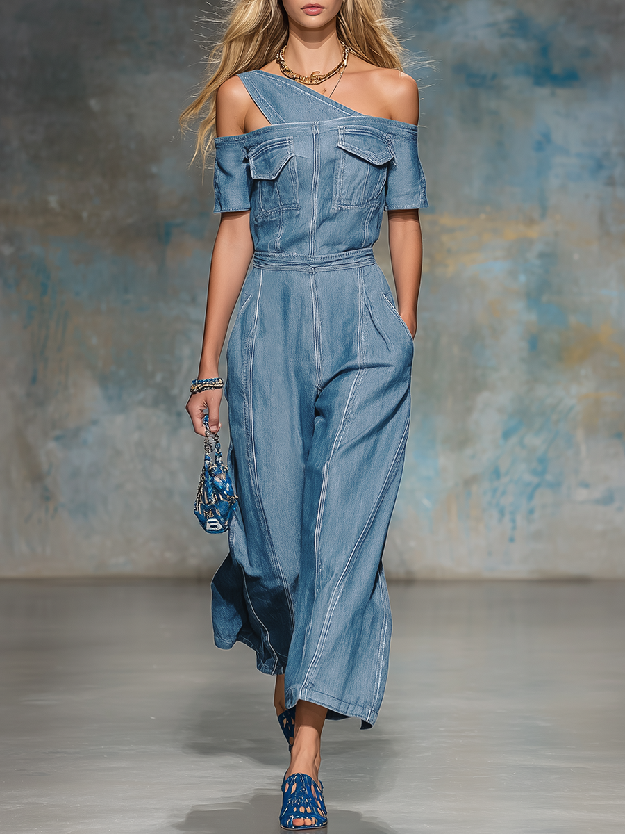 American Vintage Unconventional One-shoulder Off-shoulder Denim Jumpsuit
