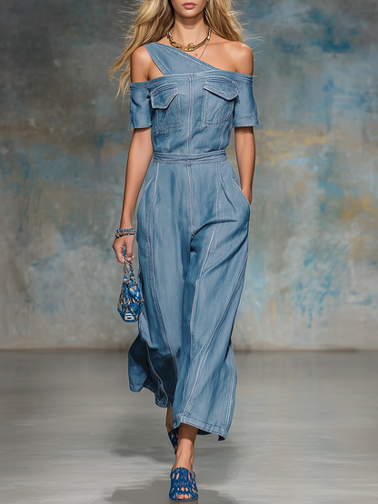 American Vintage Unconventional One-shoulder Off-shoulder Denim Jumpsuit