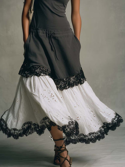 Boho Lace Trim Eyelet Patchwork Sleeveless Drop-Waist Maxi Dress