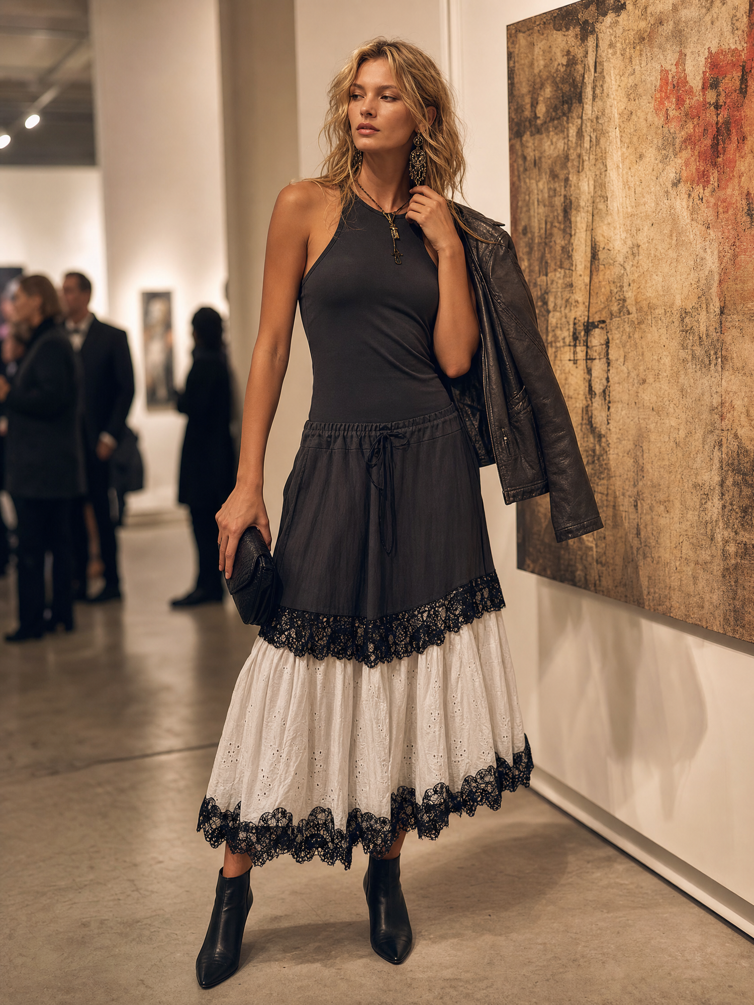 Boho Lace Trim Eyelet Patchwork Sleeveless Drop-Waist Maxi Dress