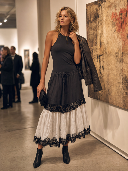 Boho Lace Trim Eyelet Patchwork Sleeveless Drop-Waist Maxi Dress