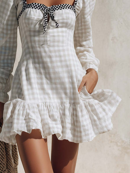 Coquette Gingham Bow Square-Neck Puff-Sleeve Ruffle Mini Dress