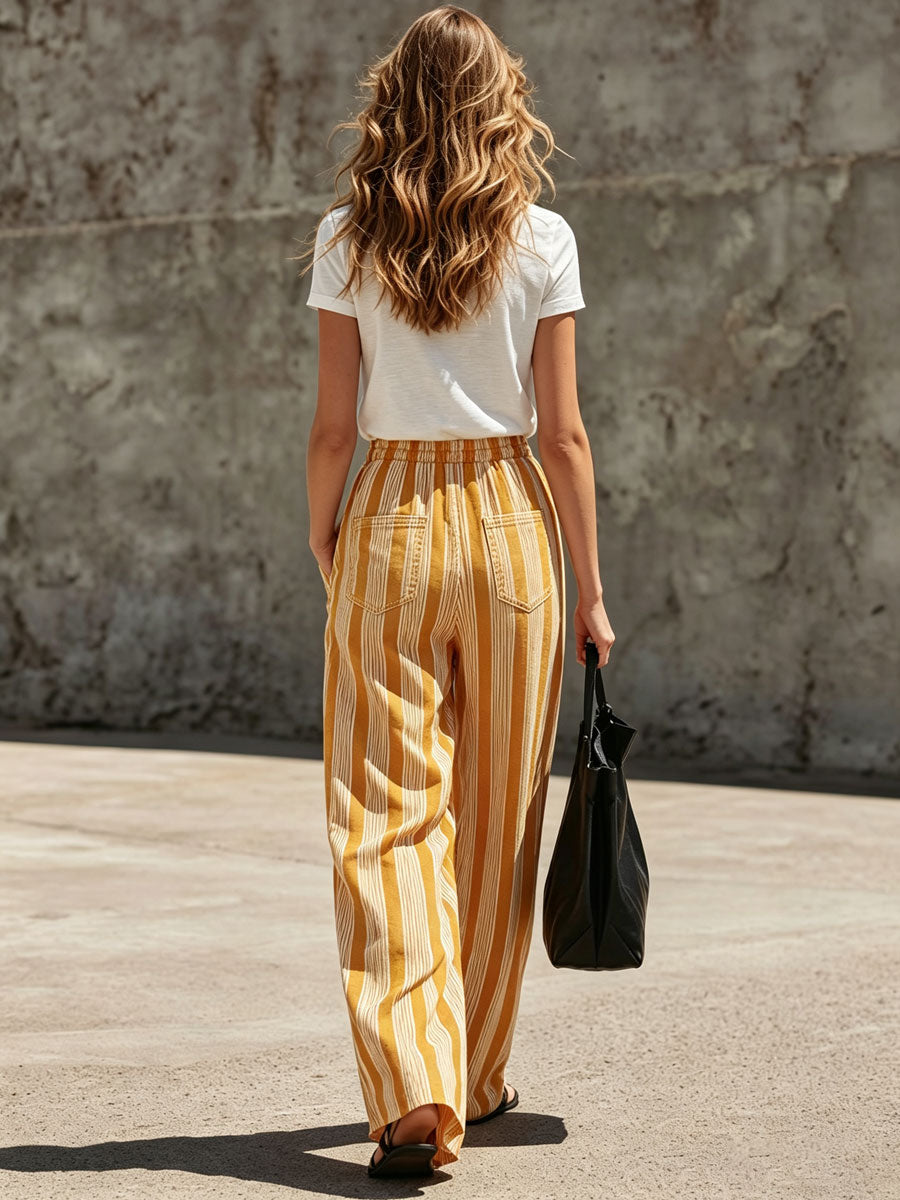 Fashionable Retro Short-sleeved T-shirt And Yellow Striped Cotton Linen Pants Set