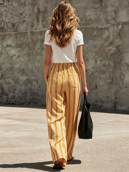 Fashionable Retro Short-sleeved T-shirt And Yellow Striped Cotton Linen Pants Set