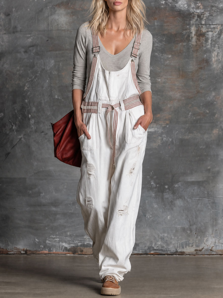 Retro Striped Shoulder Strap White Denim Overalls