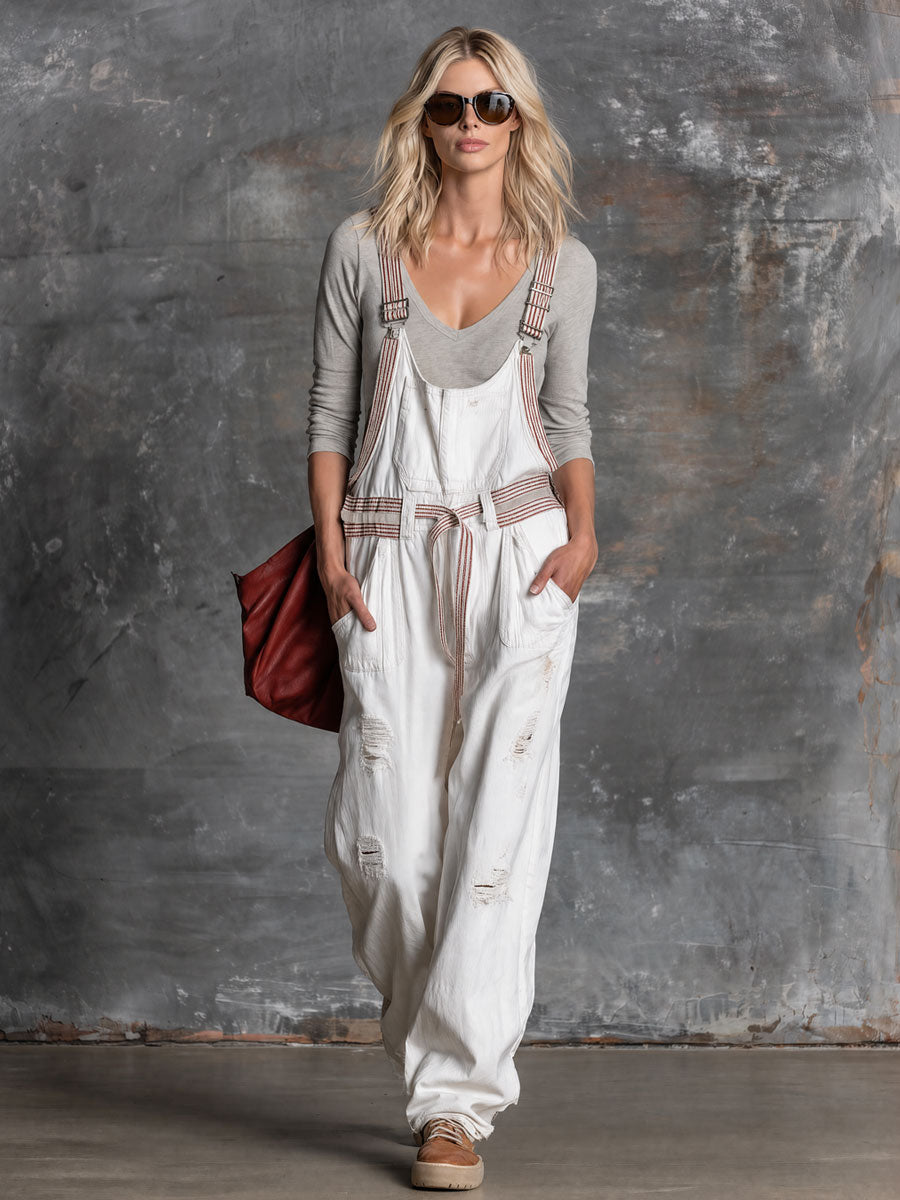Retro Striped Shoulder Strap White Denim Overalls