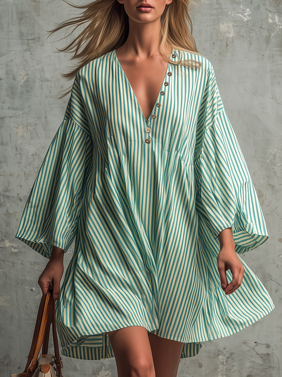 Vintage Green Striped Button-decorated V-neck Cotton Mini Dress
