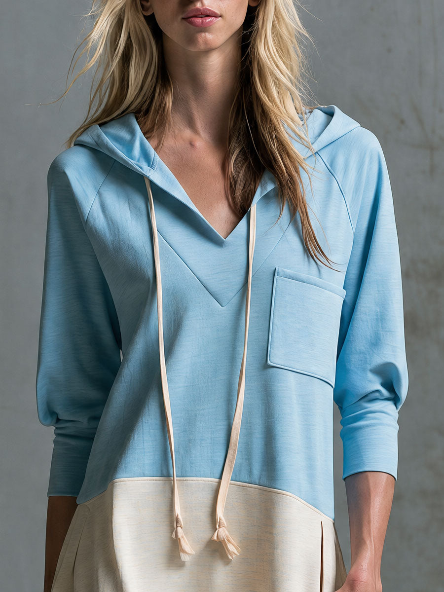Retro Casual Color-blocked Trim Blue Hooded Cotton Midi Dress