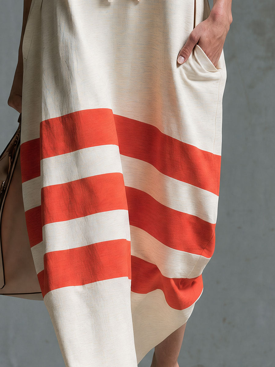 Retro Casual Color-blocked Trim Blue Hooded Cotton Midi Dress