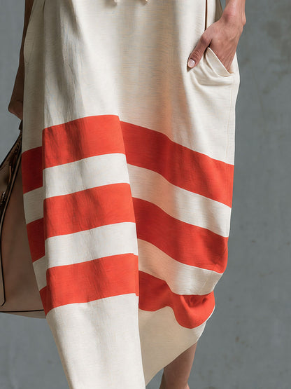 Retro Casual Color-blocked Trim Blue Hooded Cotton Midi Dress