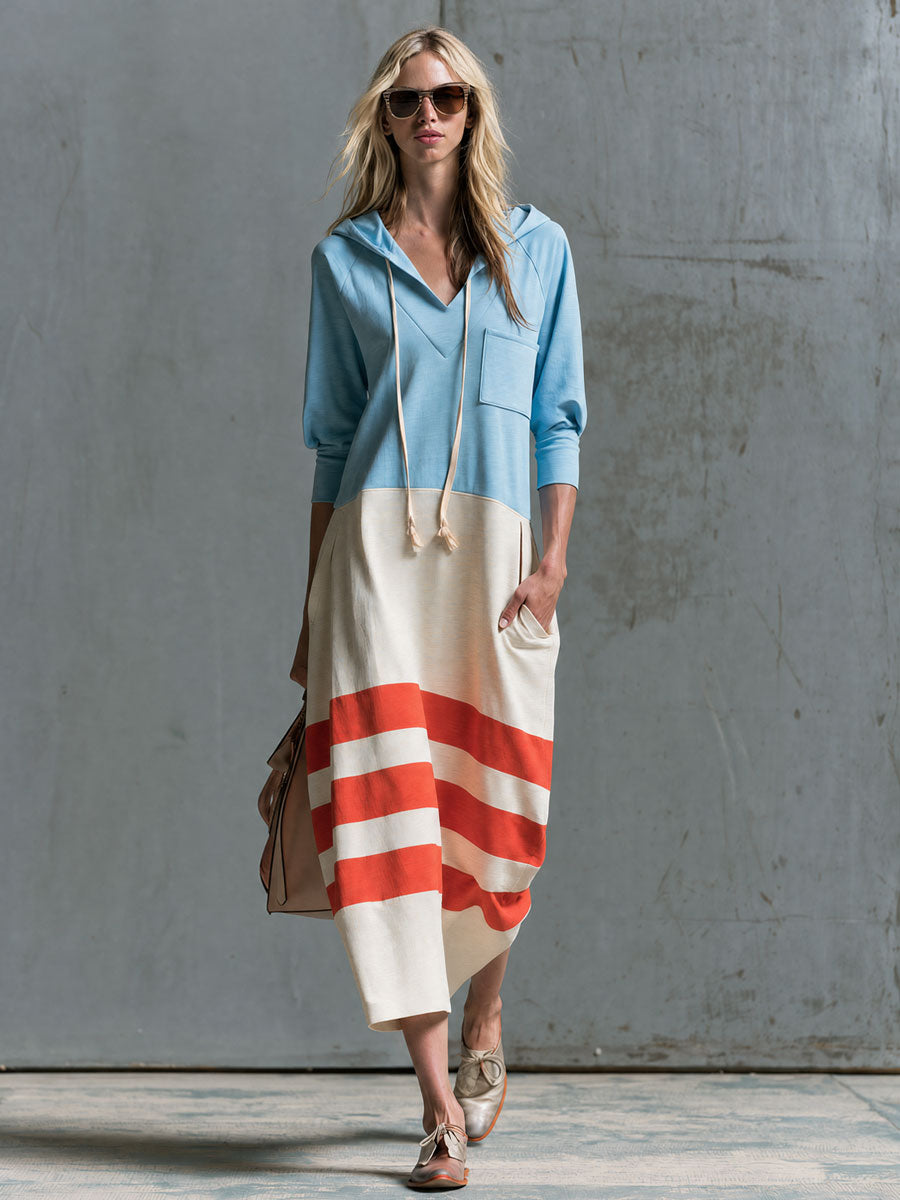 Retro Casual Color-blocked Trim Blue Hooded Cotton Midi Dress
