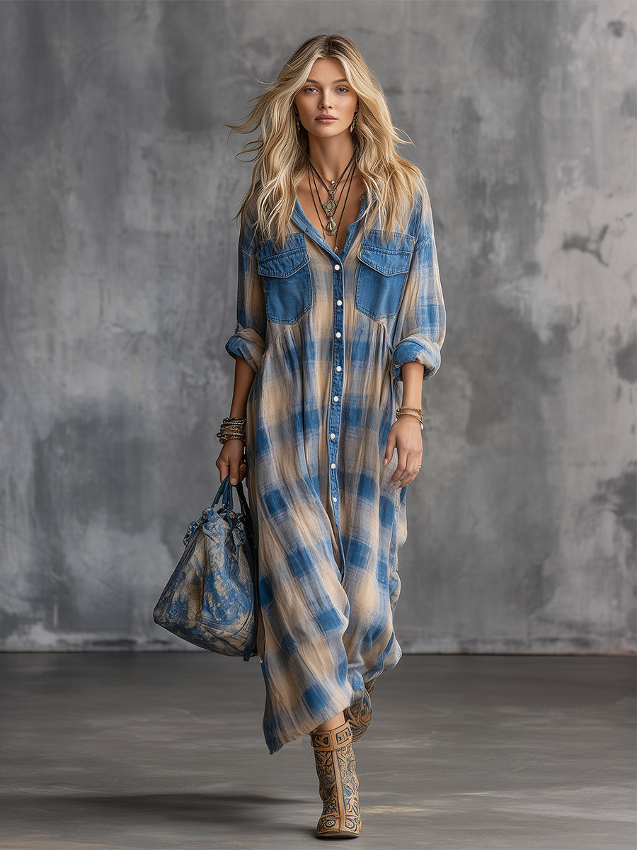 Retro-casual Chic Denim-pocket Blue Plaid Cotton Long-sleeve Maxi Dress