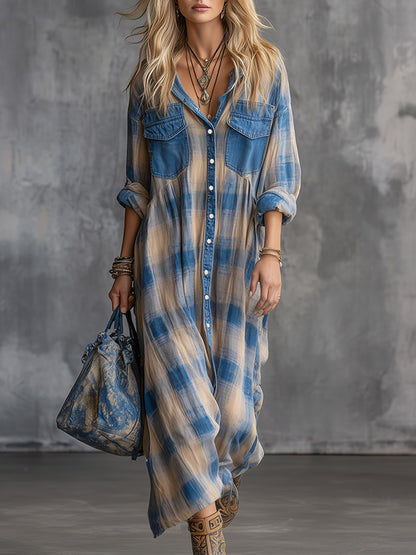 Retro-casual Chic Denim-pocket Blue Plaid Cotton Long-sleeve Maxi Dress