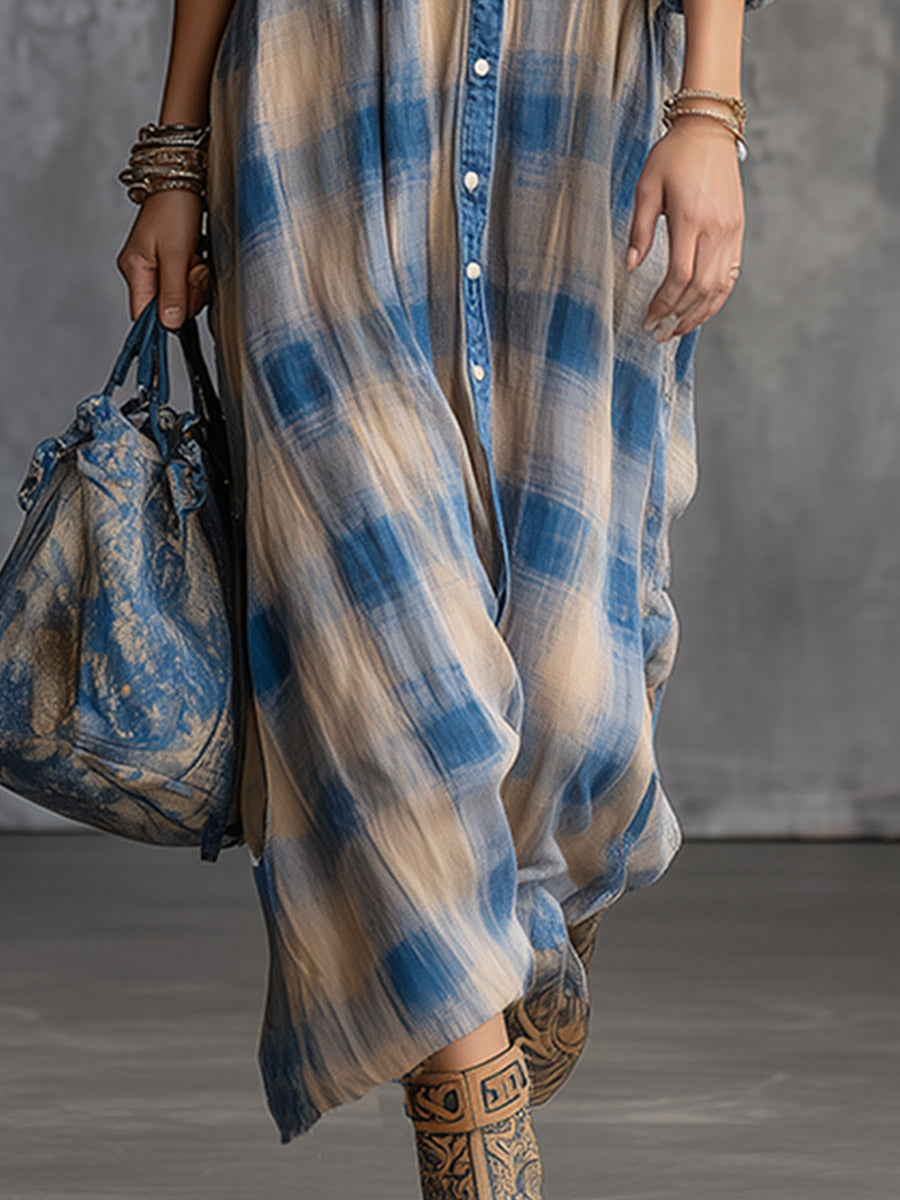 Retro-casual Chic Denim-pocket Blue Plaid Cotton Long-sleeve Maxi Dress