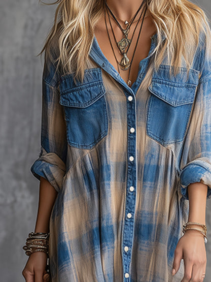 Retro-casual Chic Denim-pocket Blue Plaid Cotton Long-sleeve Maxi Dress