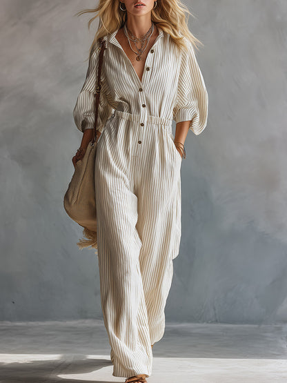 Classic Basic Beige Striped Mid-Sleeve Jumpsuit