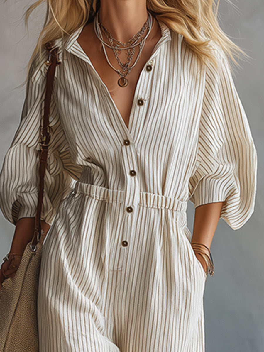 Classic Basic Beige Striped Mid-Sleeve Jumpsuit